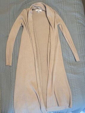 Magaschoni Long Open-Front Ribbed Cardigan in Beige